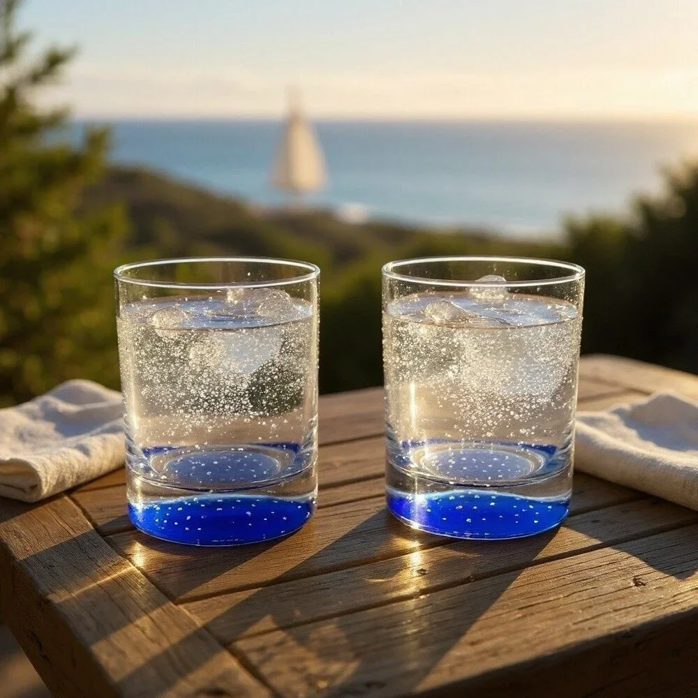 Vintage American Atelier Old Fashioned Rocks Glasses Blue Controlled Bubble 2 Pc